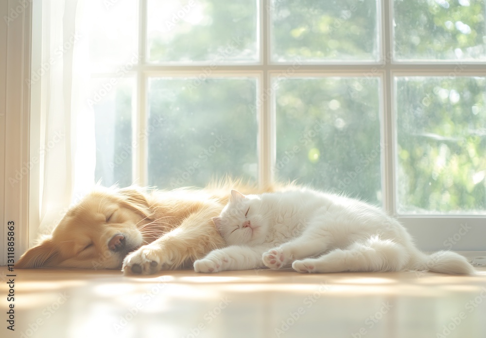 Poster Golden Retriever and White Cat Snuggling in Soft Sunlight by the Window : Generative AI
