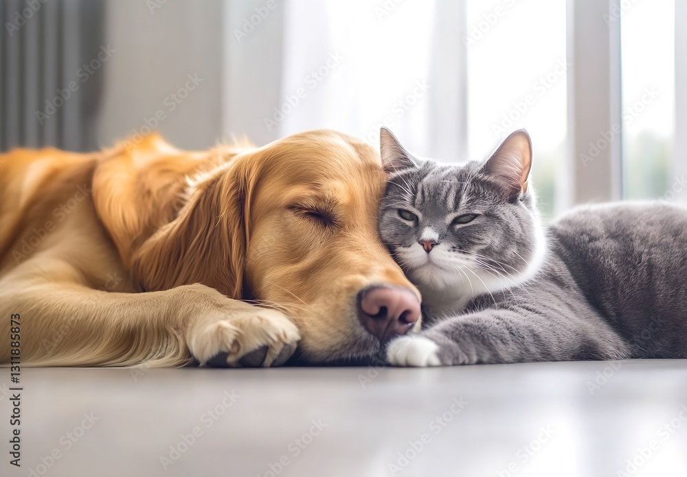 Poster golden retriever and gray cat snuggled together by the window : generative ai