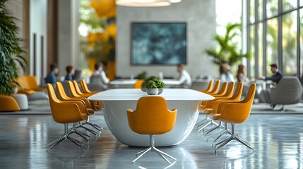 Business professionals in a strategic planning session, modern conference room, futuristic technology in business