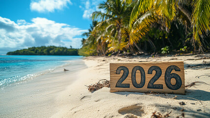 Blue text 2026 on the seashore. Text 2026 on a sandy beach, sea foam in the form of text 2026. The new year is 2026.