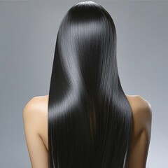Elegant woman with long straight raven hair viewed from behind artistry
