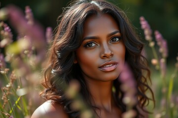 Naklejka premium Elegant woman with olive skin surrounded by delicate purple flowers basking in sunlight