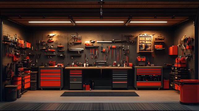 High-tech garage with modular storage systems, wall hooks, and an efficient tool organization, 3D render