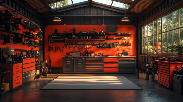High-tech garage with modular storage systems, wall hooks, and an efficient tool organization, 3D render