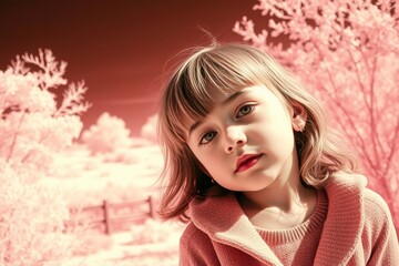 Naklejka premium Ethereal portrait of a young girl in infrared light dreamy landscape background