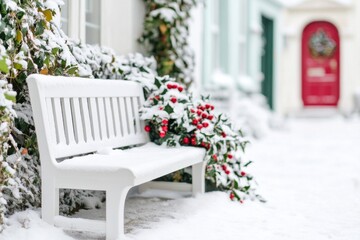 A snowy garden bench surrounded by holly and ivy, creating a peaceful winter retreat