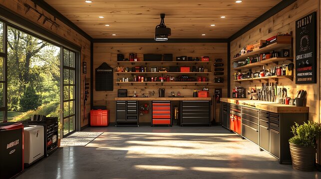 3D visualization of a functional garage with custom shelving, efficient tool storage, and a smooth epoxy floor