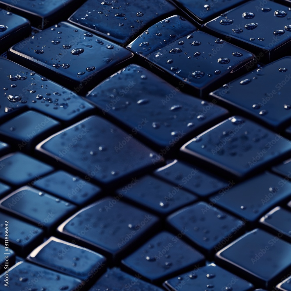 Poster seamless close-up view of a blue tiled floor adorned with water droplets reflecting light and creati