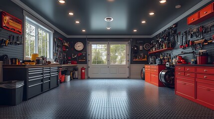 Efficient garage layout with overhead storage, custom wall-mounted tool organizers, and a bright workspace, 3D visualization
