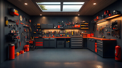 Well-designed garage featuring space-saving wall storage, neatly arranged power tools, and durable flooring, 3D render