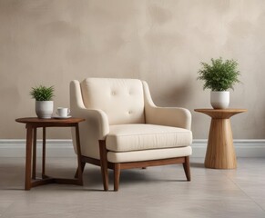 Fototapeta premium Light beige cushioned armchair placed on a floor with wooden base and matching side table , side table, modern furniture, cozy interior