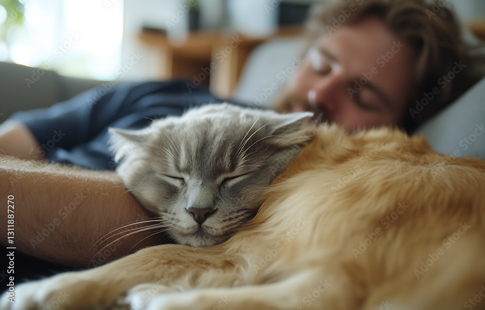 Poster Man sleeping peacefully on a couch with a cat and dog cuddling beside him in a warm setting : Generative AI