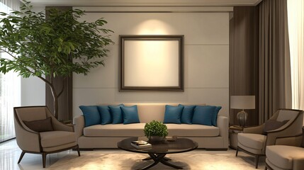 Contemporary interior design with sofa and blue cushions