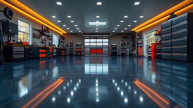 Clean and efficient garage layout with glossy flooring, neatly arranged tools, and modern lighting solutions, 8K realistic