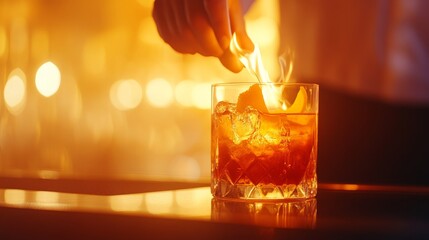 Bartender ignites a cocktail with a flame, creating a vibrant, warm atmosphere in a bar