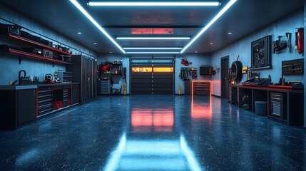 Fototapeta premium Minimalist garage interior with a reflective epoxy-coated floor, bright LED lighting, and practical shelving, 3D render in 8K