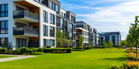 Row of apartment buildings with a large green lawn in front of them.