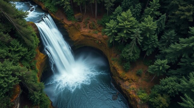 Majestic waterfall plunges into a pool surrounded by lush evergreen forest beauty