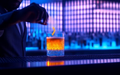 Bartender preparing a vibrant cocktail with a glowing orange hue in a stylish bar setting
