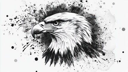 Striking Bald Eagle Illustration with Abstract Black and White Ink Splatters