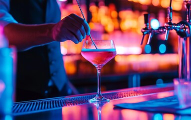 Bartender stirring a vibrant cocktail in a lively bar with colorful neon lights