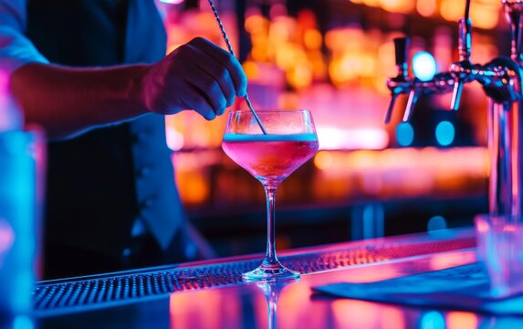 Bartender stirring a vibrant cocktail in a lively bar with colorful neon lights - Powered by Adobe