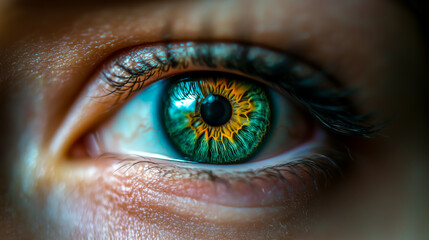 Fototapeta premium Intense macro shot of a human eye with striking green and gold iris, capturing the beauty and detail of the human anatomy. 