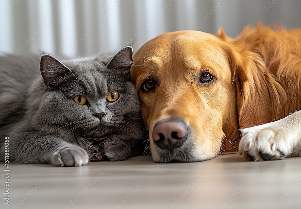 Aufkleber close-up of grey cat and golden retriever relaxing side by side : generative ai