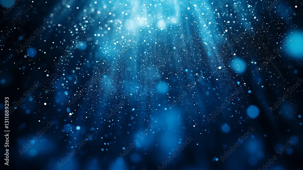 Poster radiant light beams and particles falling in blue atmosphere : generative ai
