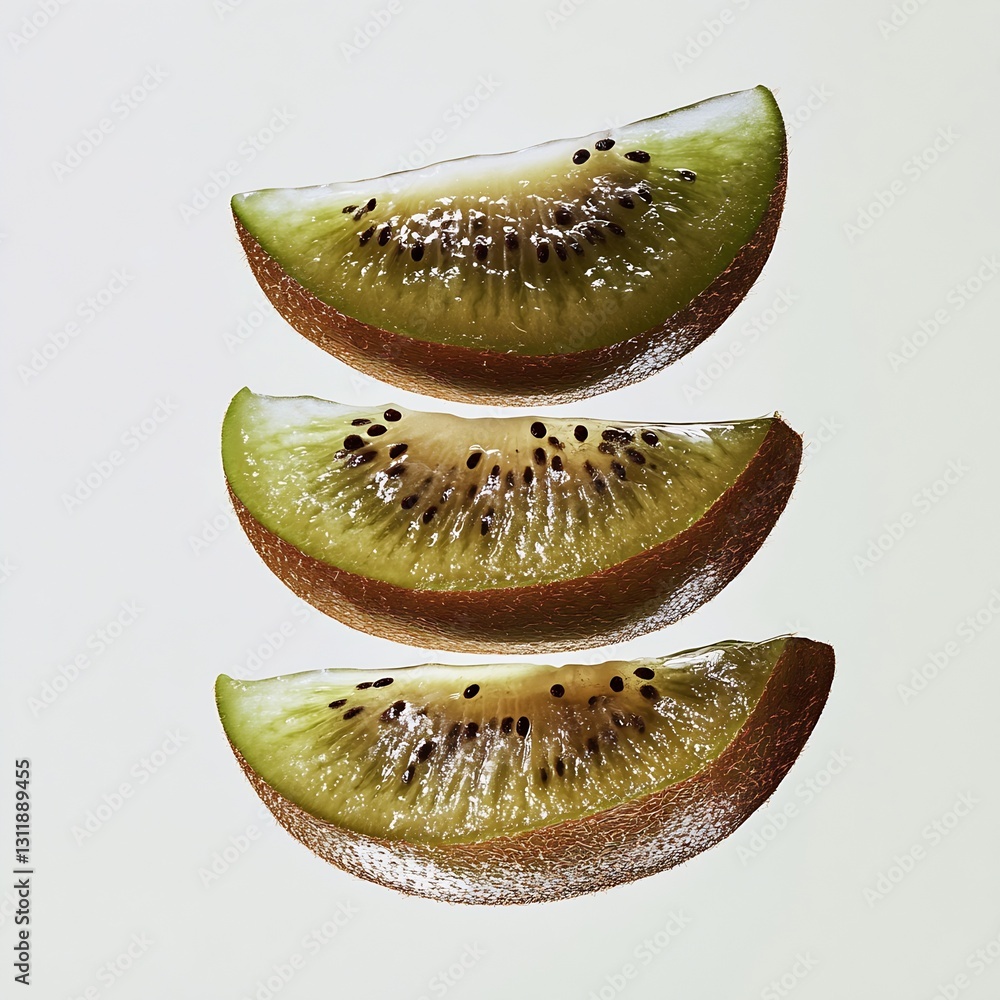 Poster freshly cut kiwi slices different colors on a clean surface : generative ai