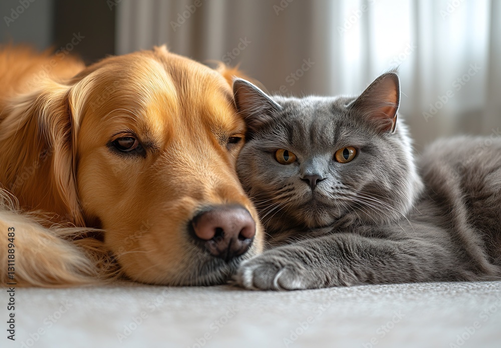 Poster golden retriever and grey cat lying together on soft surface : generative ai