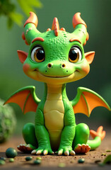 Fototapeta premium A drawn cute smiling green dragon with wings sits and looks into the camera, place for the text, a congratulatory card.