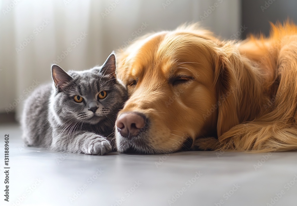 Poster adorable golden retriever and gray cat sleeping together in peaceful home setting : generative ai