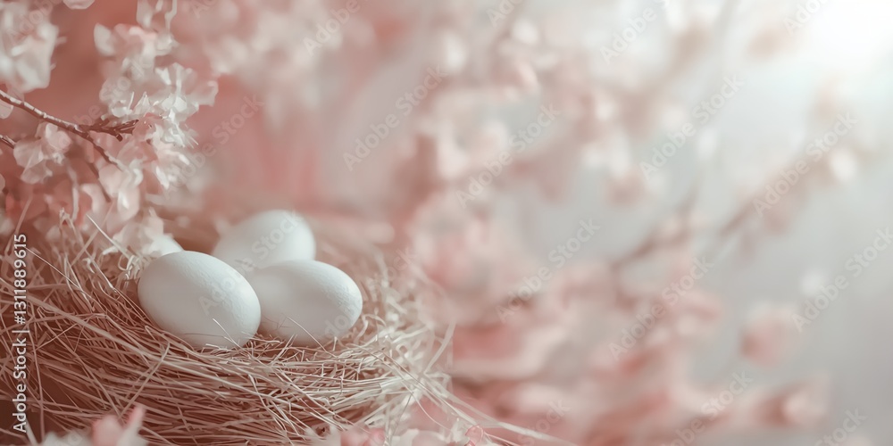 Poster nest of three eggs sits on a branch of a pink tree.