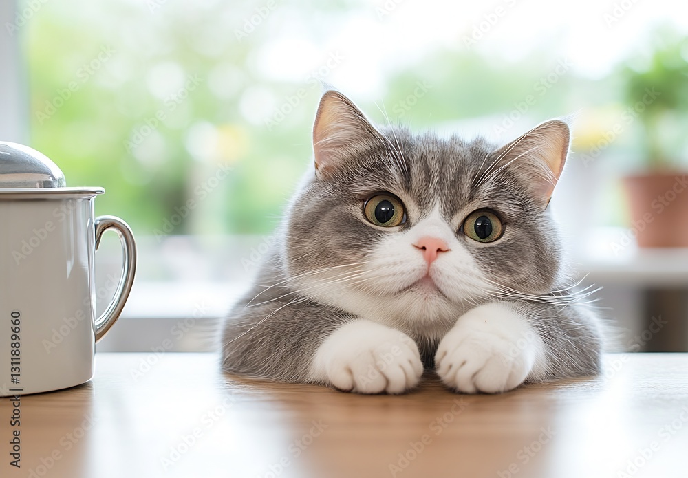 Aufkleber charming cat resting with paws on table next to a coffee pot : generative ai