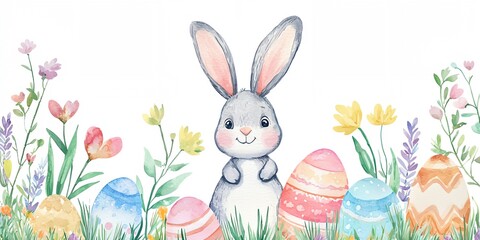 Obraz premium Rabbit is standing in a field of flowers and eggs.