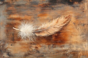 Detailed feather resting on a textured wooden surface showcasing intricate patterns and natural beauty
