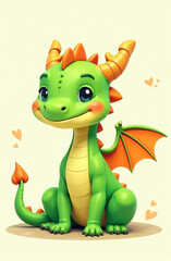 Fototapeta premium A drawn cute smiling green dragon with wings sits and looks into the camera, place for the text, a congratulatory card.