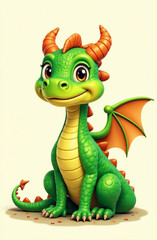 Fototapeta premium A drawn cute smiling green dragon with wings sits and looks into the camera, place for the text, a congratulatory card.