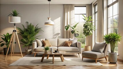 Serene Living Room with Natural Light and Lush Greenery, Creating a Tranquil and Inviting Atmosphere