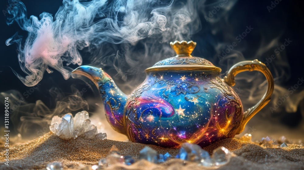 Poster exquisite teapot featuring a celestial galaxy design, surrounded by shimmering crystals and mist, cr