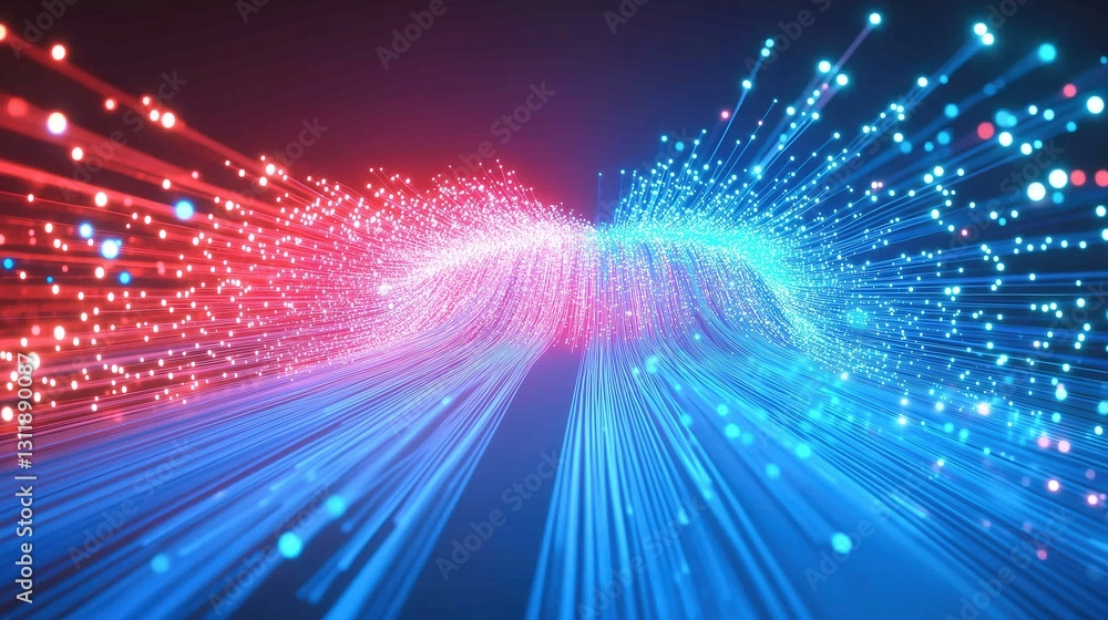 Poster  Glowing fiber optic light background in red and blue colors, representing big data technology with high-speed tunnel effect. Digital abstract design for optical communication networks and web banners
