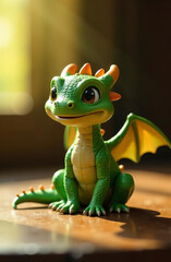 A drawn cute smiling green dragon with wings sits and looks into the camera, place for the text, a congratulatory card.