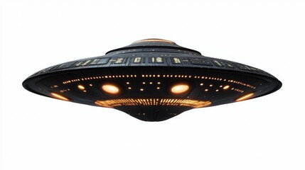 Metallic alien spacecraft with glowing lights and sharp angles. AI generated