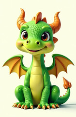 Fototapeta premium A drawn cute smiling green dragon with wings sits and looks into the camera, place for the text, a congratulatory card.