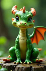 Fototapeta premium A drawn cute smiling green dragon with wings sits and looks into the camera, place for the text, a congratulatory card.