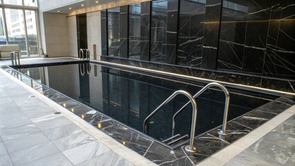 Fototapeta premium liquid metal pool surrounded by black marble and aluminium chrome accents, chrome accents, liquid metal, black noise