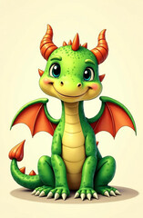 Fototapeta premium A drawn cute smiling green dragon with wings sits and looks into the camera, place for the text, a congratulatory card.