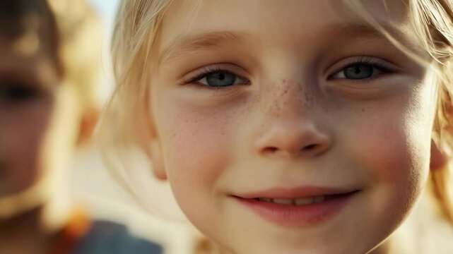 Close-up of a young girl with blue eyes and freckles enjoying a sunny day outdoors with a friend seen in the background