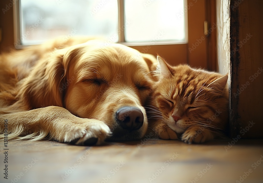 Poster golden retriever and orange tabby cat peacefully sleeping together by the window : generative ai